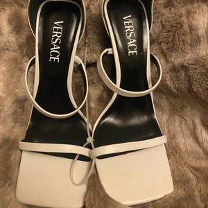 Versace Women's White High Heel Leather Sandals Ankle Strap Pumps Shoes